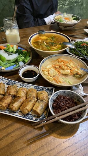 Peanut & Ginger Tofu, Sweet & Sour Soup, Steam Veggies w/ dipping sauce, and brown rice.   at Ngon Vegan Restaurant in Tam Coc