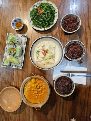 Chickpea curry, tofu ginger and coconut,  morning glory and fresh spring rolls at Ngon Vegan Restaurant in Tam Coc