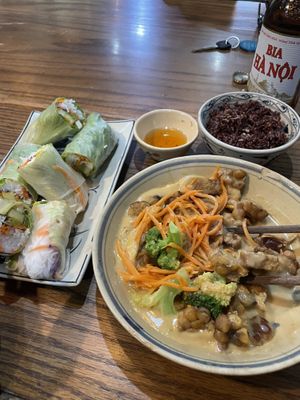 Fresh spring rolls and tempeh in peanut ginger sauce 😃  at Ngon Vegan Restaurant in Tam Coc