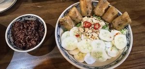 Noodles with fried spring rolls and brown rice at Ngon Vegan Restaurant in Tam Coc