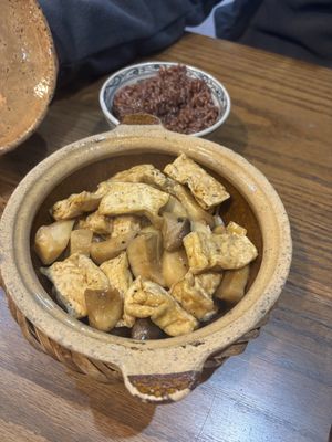Braised tofu and mushrooms with brown sticky rice   at Ngon Vegan Restaurant in Tam Coc
