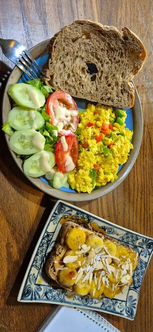 Scrambled tofu and caramelized banana, both were amazing! at Ngon Vegan Restaurant in Tam Coc