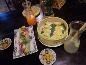The delicious mandu, the fresh spring rolls and the healthy juices! at Ngon Vegan Restaurant in Tam Coc