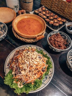 Pineapple salad, chickpea coconut curry, vegan sushi at Ngon Vegan Restaurant in Tam Coc