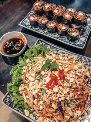 Pineapple salad and vegan sushi at Ngon Vegan Restaurant in Tam Coc
