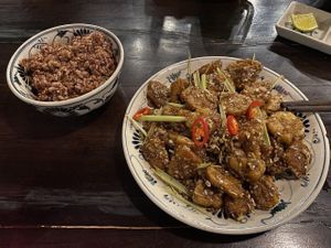 Tempeh with lemongrass and chili with red rice at Ngon Vegan Restaurant in Tam Coc
