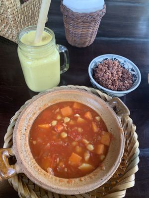 Vegan chickpea ragout and banana-mango smoothie, very tasty! at Ngon Vegan Restaurant in Tam Coc