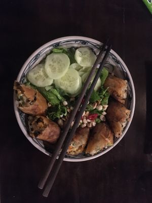 Noodle with Fried Spring Roll at Ngon Vegan Restaurant in Tam Coc