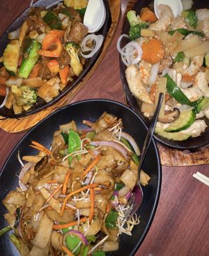 Fried Koay Teow Vegetarian Noodles (Vegan Option), Mongolian Mock Duck, Sizzling Garlic Mock Prawns.   at Emerald Gardens in Charlestown