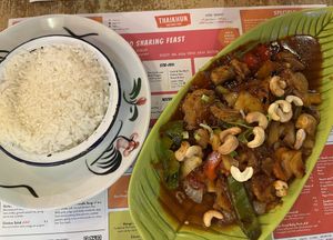Cashew nut stir fry with vegan chicken plus coconut ricee  at Thaikhun in Aberdeen