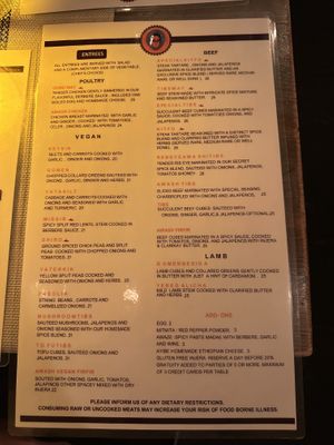 Menu  at Awash in Brooklyn