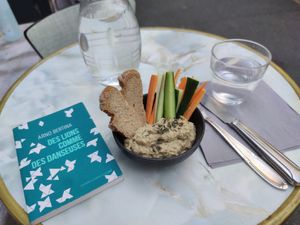 Babgaboush, bread, carrot and cucumber sticks. Perfect.  at Xuxu in Biarritz