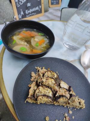 Salty tart with eggplants, tatin-style. Delicious.  at Xuxu in Biarritz