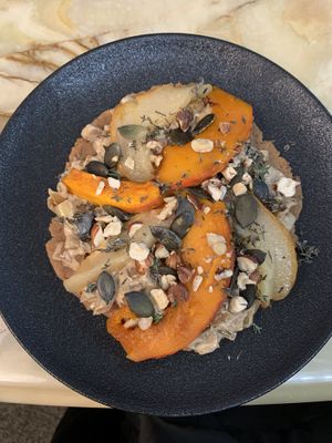 Beautiful yummy tart served with a lovely soup for the freezing cold.  at Xuxu in Biarritz