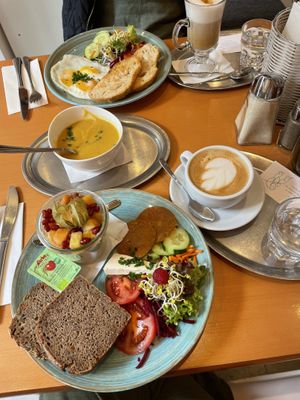 Vegan brunch plate includes an oat milk latte! Also had soup of the day, which was vegan.  at The Heart of Joy in Salzburg