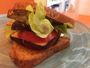 Vegan smoked tofu ‘ciabatta’ with gluten free bread instead of the ciabatta  at The Heart of Joy in Salzburg