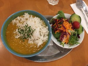 Lentils dhal with rice and salad at The Heart of Joy in Salzburg