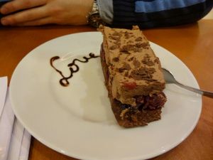 Chocolate cake with cherries inside at The Heart of Joy in Salzburg