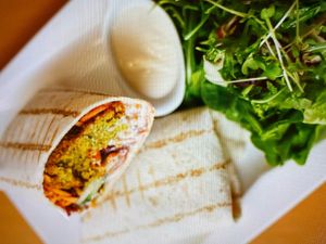 Falafel wrap with tahini and salad at The Heart of Joy in Salzburg