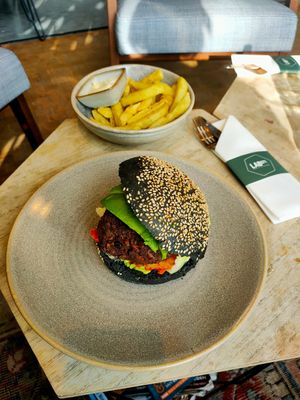 Notenburger met gefermenteerde friet at Lab071 in Leiden