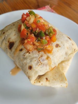 Beans and veggie burrito at Cannibal Cafe in Roatan