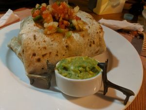Veggie burrito w no cheese at Cannibal Cafe in Roatan