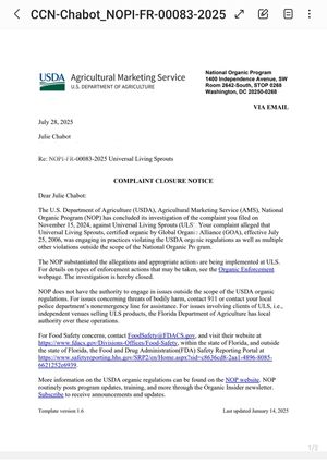 The letter from the USDA NOP Compliance - now the torch has been passed. at Universal Living Sprouts in West Palm Beach
