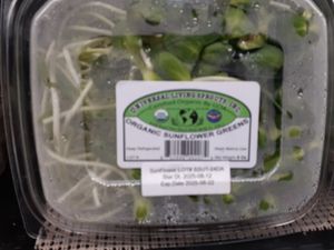 Front of Organic Sunflower Greens (correct label per certifier)
BEST BY DATE
HARVESTED DATE
LOT NUMBER at Universal Living Sprouts in West Palm Beach