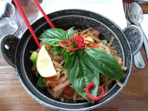 Vegan chili basil noodles - with perfect amount of heat from chillies at Bangkok Brothers in Hillarys