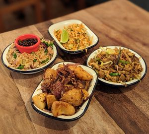 From top clockwise: 5cs Sambol, TCTVvegan Kotthu, Sri-tato, Vegan Fried Rice at The Coconut Tree in Cardiff