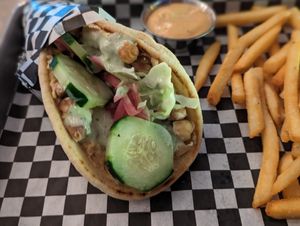 Chickpea Wrap, was surprisingly delicious!! at Twin Sisters Brewing Company in Bellingham