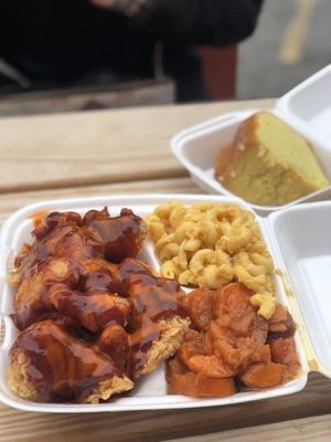 Cauliflower wings with sides of Mac no cheese and yams  at H.O.M.E. Vegan Restaurant (TheHouseOfMentalEatery) in Little Rock