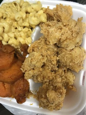 Kauliflower Wings with sauce on the side, Mac No Cheese, and yams   at H.O.M.E. Vegan Restaurant (TheHouseOfMentalEatery) in Little Rock