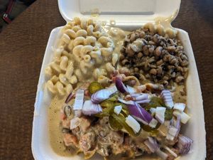 Frito pie (special), Mac and cheese, black eyed peas at H.O.M.E. Vegan Restaurant (TheHouseOfMentalEatery) in Little Rock