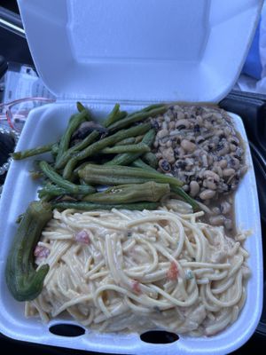 Chick un spaghetti, black eyed peas, green beans, & okra!! 🤗😋 100% Vegan   at H.O.M.E. Vegan Restaurant (TheHouseOfMentalEatery) in Little Rock
