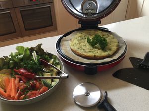 Potato and pea Pizza cooked in the Cottage on electric pizza oven. two pizzas come with our welcome pack for each booking - all plant based and prepared in Stephanie's kitchen. at Stephanie's Country Cottages in Drummond North
