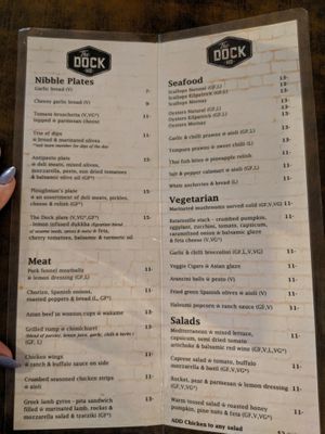 Menu as of August 2019 at The Dock in Hervey Bay