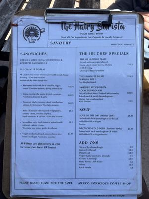 The menu! Food is all plant basedd  at The Hairy Barista in Totnes
