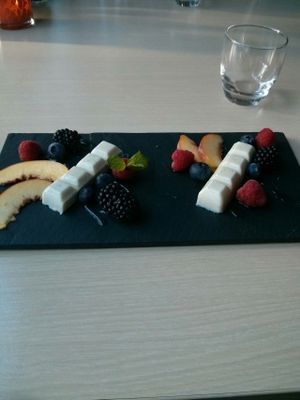 Delicious dessert with almond milk  at De Eetstee in Amersfoort