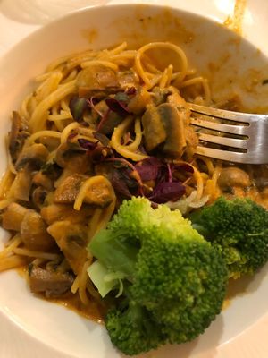 Mushroom stroganoff. It normally comes with rice but I requested pasta instead. They are very accommodating! The broccoli does not come with it, I ordered that on the side. 
 at Luna's Vegan Corner in Cardiff