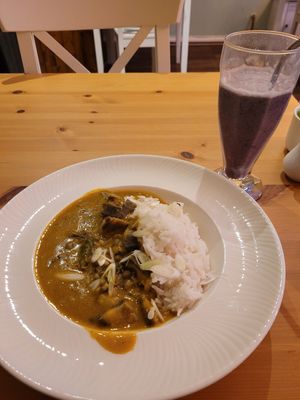 Thai red curry & berry boost smoothie. at Luna's Vegan Corner in Cardiff