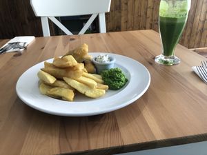 Ocean tofu and chips, mushy peas and tartare sauce  at Luna's Vegan Corner in Cardiff