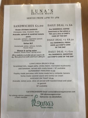 Lunch menu 29 June 2022  at Luna's Vegan Corner in Cardiff