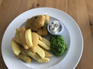 Ocean tofu and chips, mushy peas and tartare sauce  at Luna's Vegan Corner in Cardiff