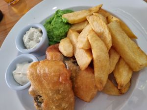 Ocean tofu, chips, mushy peas, and tartar sauce - all delicious! at Luna's Vegan Corner in Cardiff