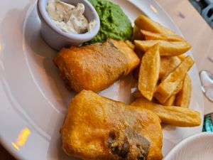 Ocean tofu, chips and peas puree  at Luna's Vegan Corner in Cardiff