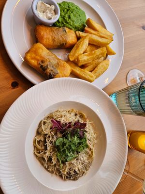 Pasta and tofu and chips at Luna's Vegan Corner in Cardiff