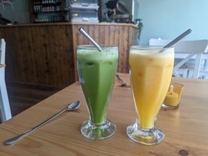 Gym bunny and spicy oj at Luna's Vegan Corner in Cardiff