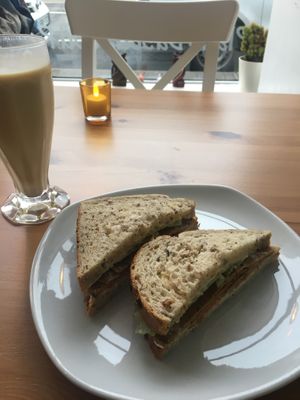 Seitan BLT and pina colada smoothie   at Luna's Vegan Corner in Cardiff