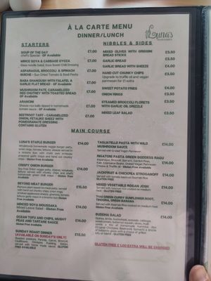 Main food menu at Luna's Vegan Corner in Cardiff